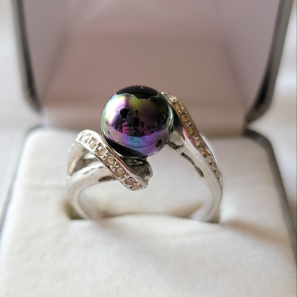 Faux Black Pearl Ring Silver Tone